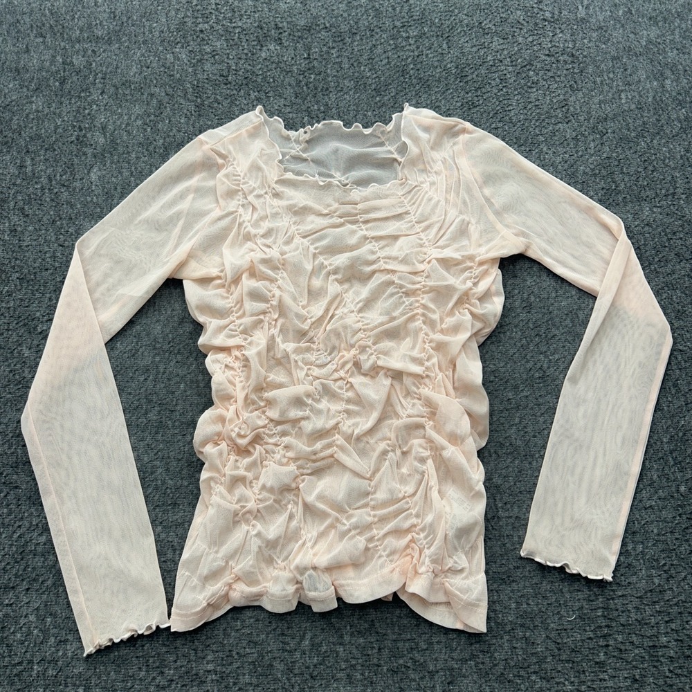 MOUSSY Pink Sheer Ruched Mesh Top Fairycore Coquette Cottagecore Blouse One Size